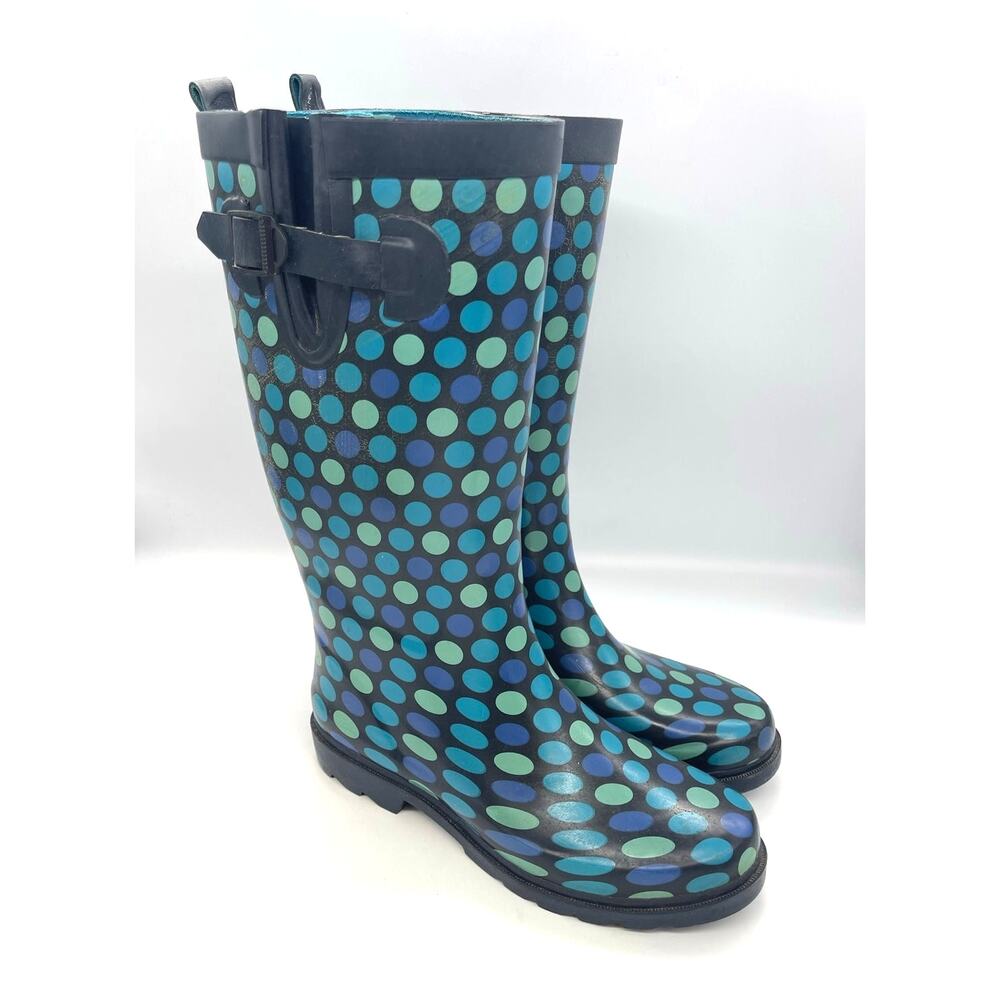 Capelli Women's New York Blue / Green Polka Dot Rubber Rain Boots Size 8